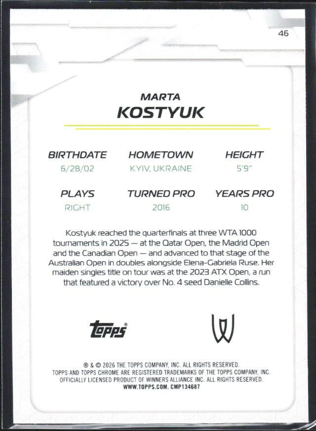 2026 Topps Chrome Tennis #46 Marta Kostyuk – baksida
