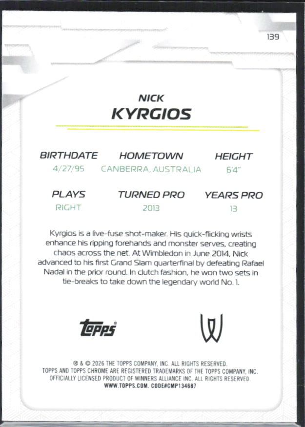 2026 Topps Chrome Tennis #139 Nick Kyrgios – baksida