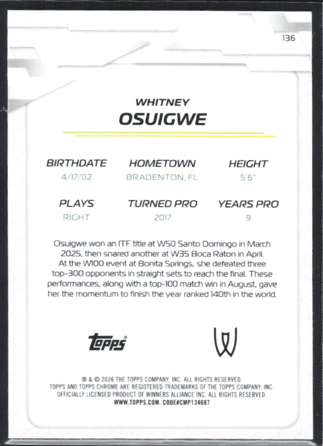 2026 Topps Chrome Tennis #136 Whitney Osuigwe – baksida