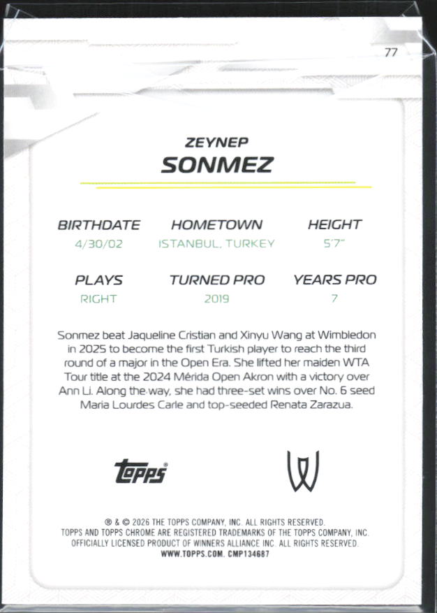 2026 Topps Chrome Tennis #77 Zeynep Sönmez – baksida