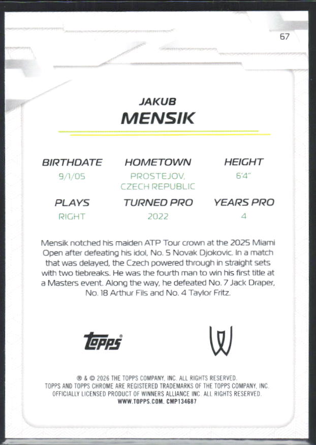 2026 Topps Chrome Tennis #67 Jakub Menšík – baksida