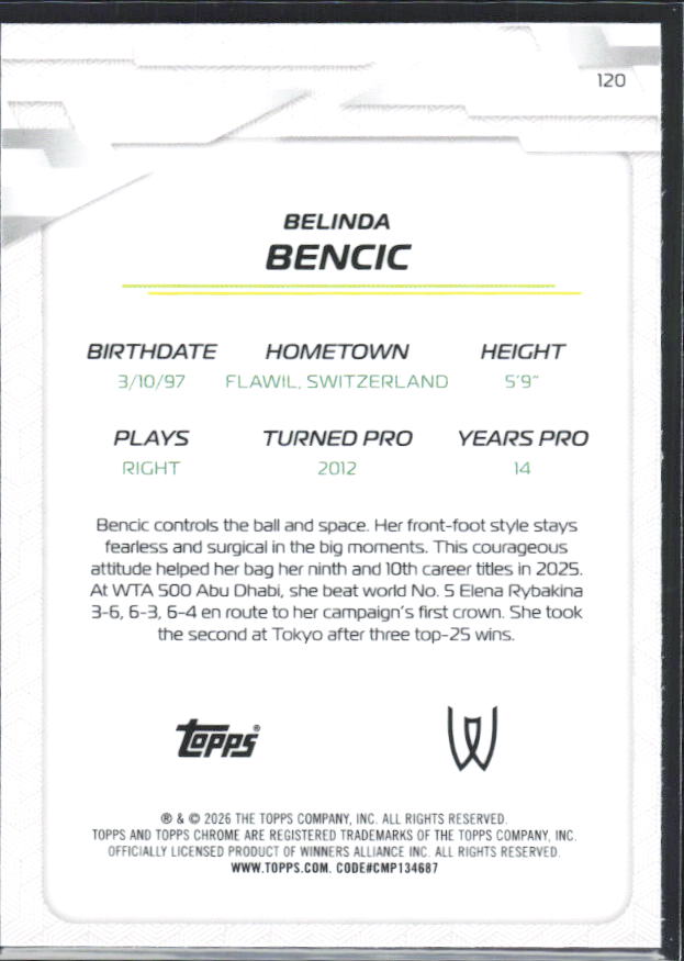 2026 Topps Chrome Tennis #120 Belinda Bencic – baksida