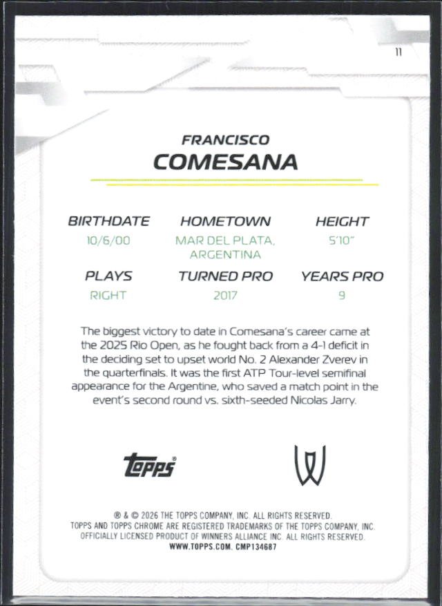 2026 Topps Chrome Tennis #11 Francisco Comesaña – baksida
