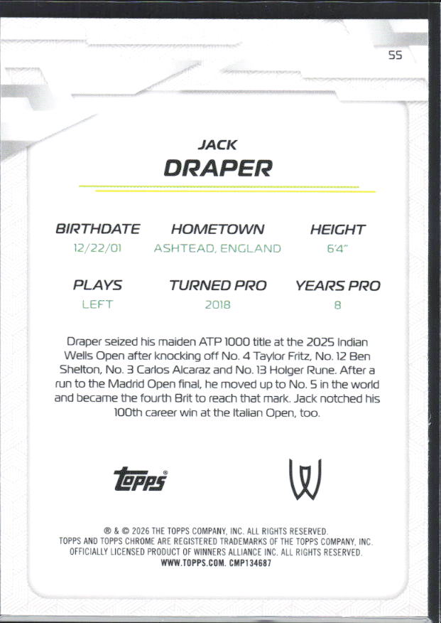 2026 Topps Chrome Tennis #55 Jack Draper – baksida