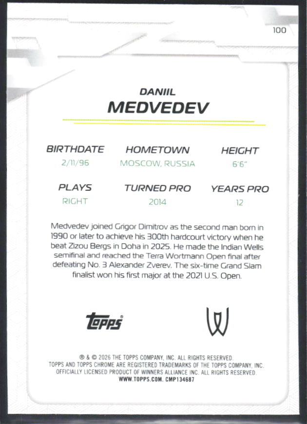 2026 Topps Chrome Tennis #100 Daniil Medvedev – baksida