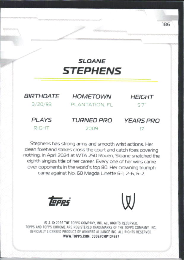 2026 Topps Chrome Tennis #186 Sloane Stephens – baksida