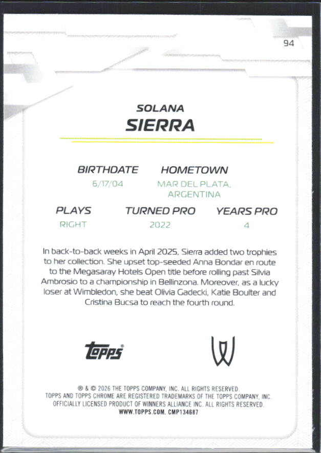 2026 Topps Chrome Tennis #94 Solana Sierra – baksida