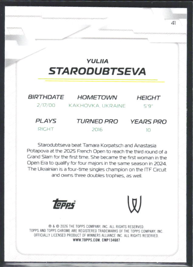 2026 Topps Chrome Tennis #41 Yuliia Starodubtseva – baksida
