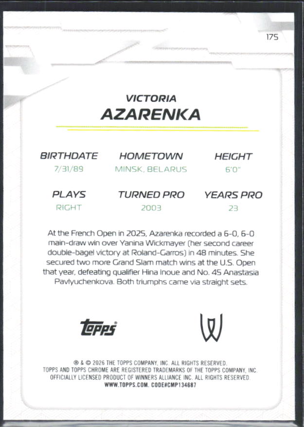 2026 Topps Chrome Tennis #175 Victoria Azarenka – baksida