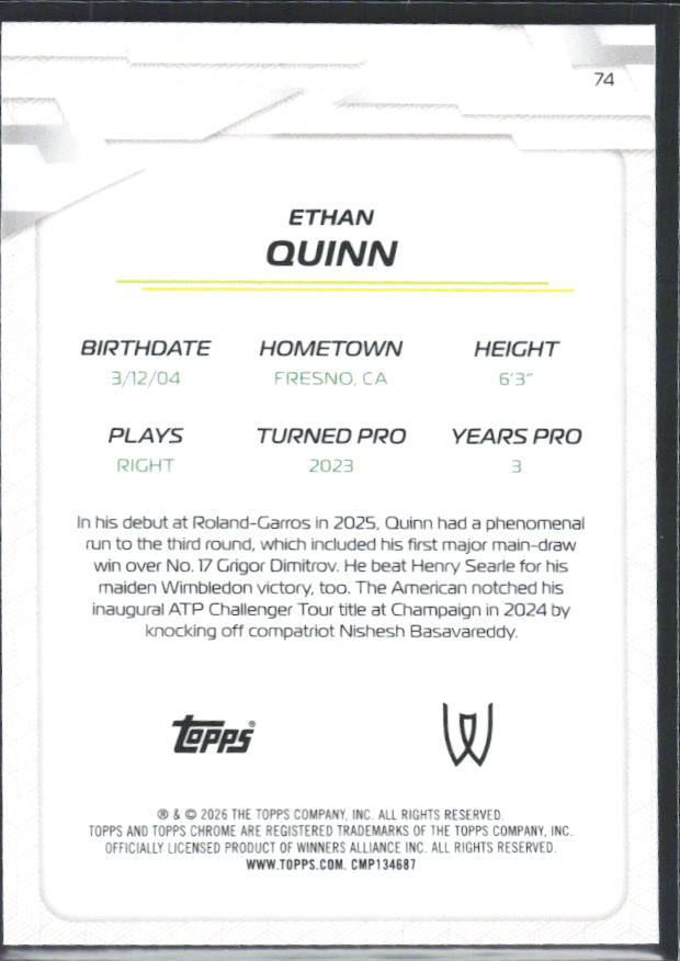 2026 Topps Chrome Tennis #74 Ethan Quinn – baksida
