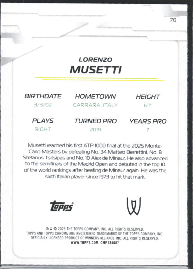 2026 Topps Chrome Tennis #70 Lorenzo Musetti – baksida