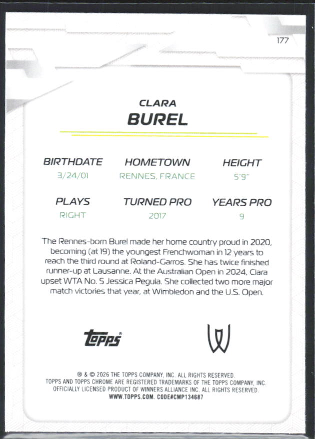 2026 Topps Chrome Tennis #177 Clara Burel – baksida