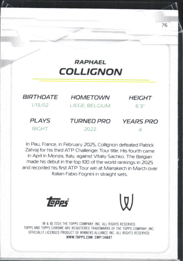 2026 Topps Chrome Tennis #76 Raphael Collignon – baksida