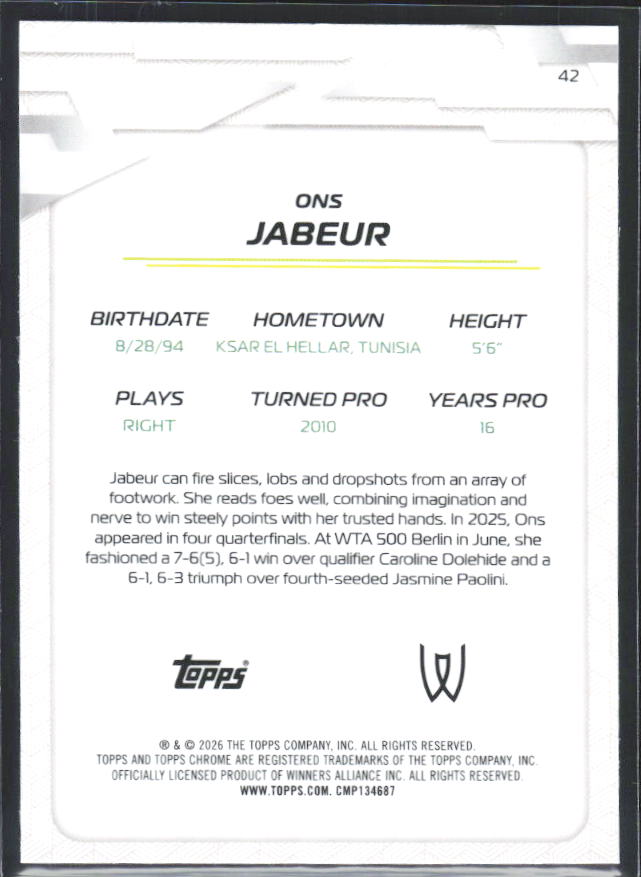 2026 Topps Chrome Tennis #42 Ons Jabeur – baksida