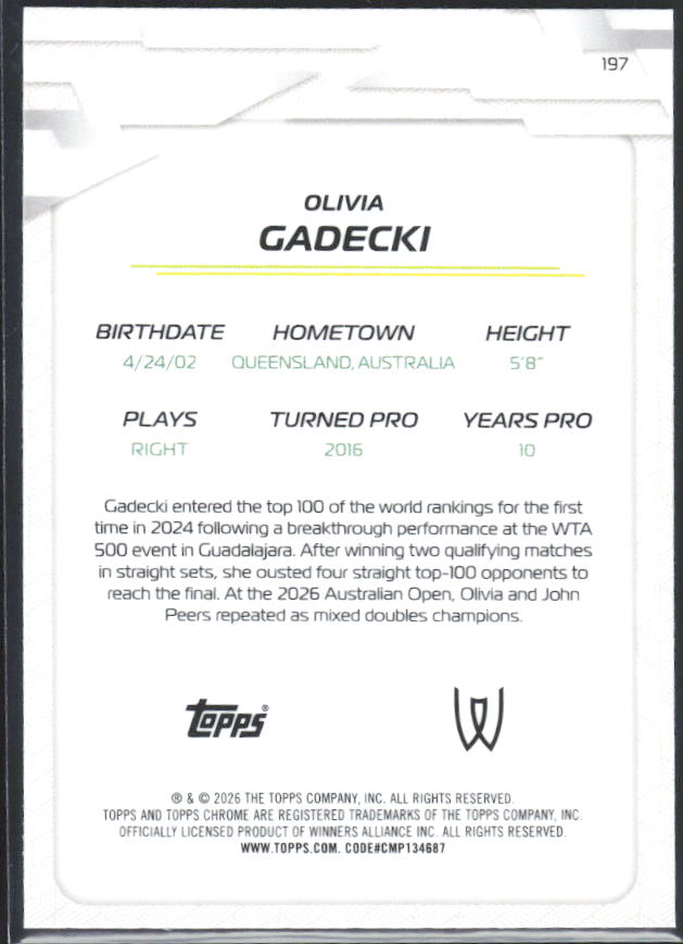2026 Topps Chrome Tennis #197 Olivia Gadecki – baksida