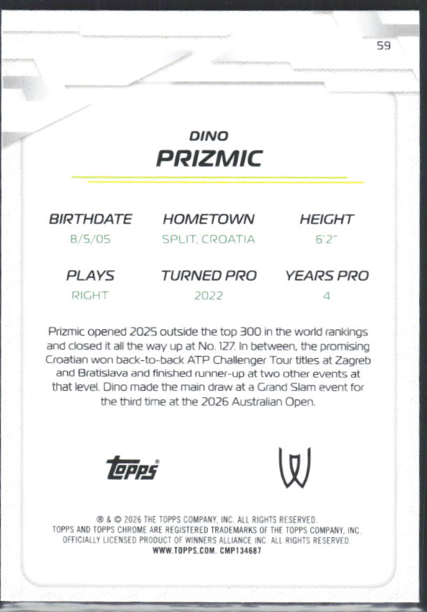 2026 Topps Chrome Tennis #59 Dino Prizmic – baksida