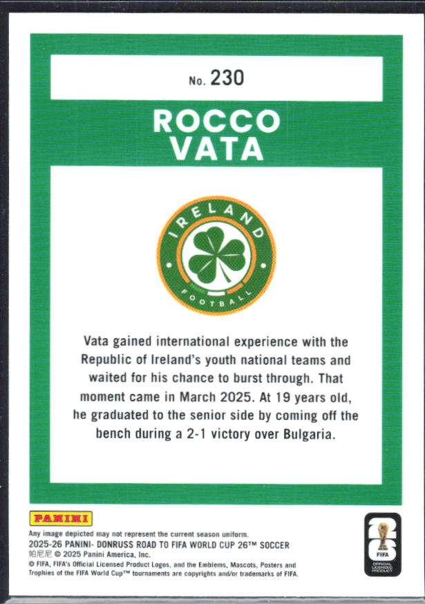 2025-26 Donruss Road to FIFA World Cup Optic #230 Rocco Vata – baksida