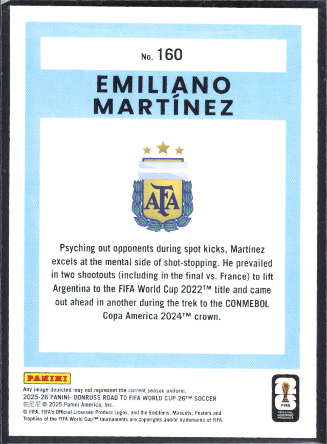 2025-26 Donruss Road to FIFA World Cup #160 Emiliano Martinez – baksida