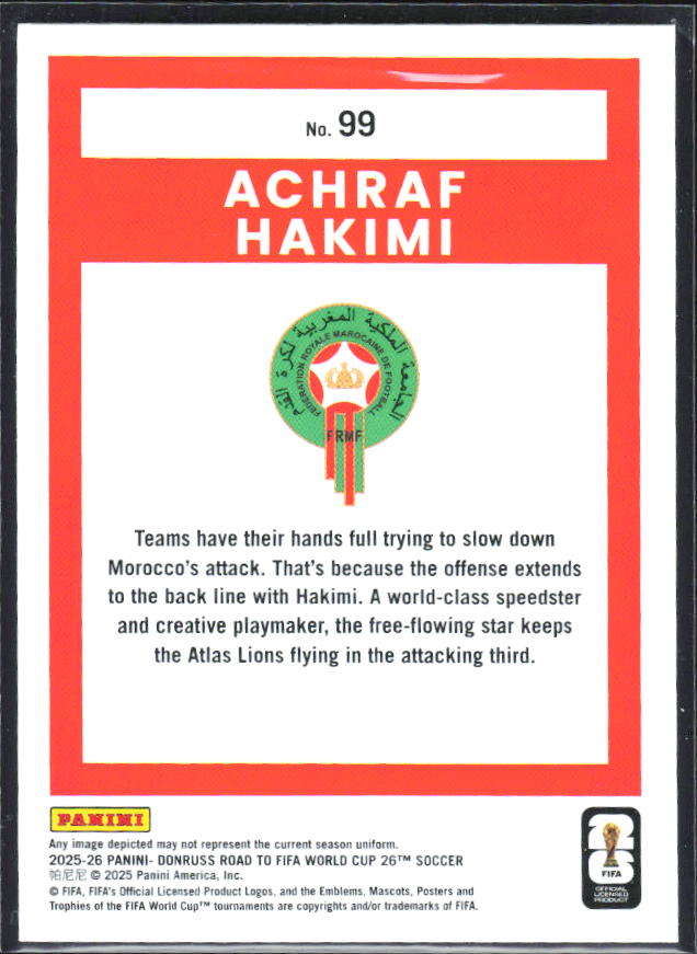 2025-26 Donruss Road to FIFA World Cup #99 Achraf Hakimi – baksida