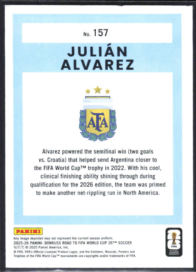 2025-26 Donruss Road to FIFA World Cup #157 Julian Alvarez – baksida