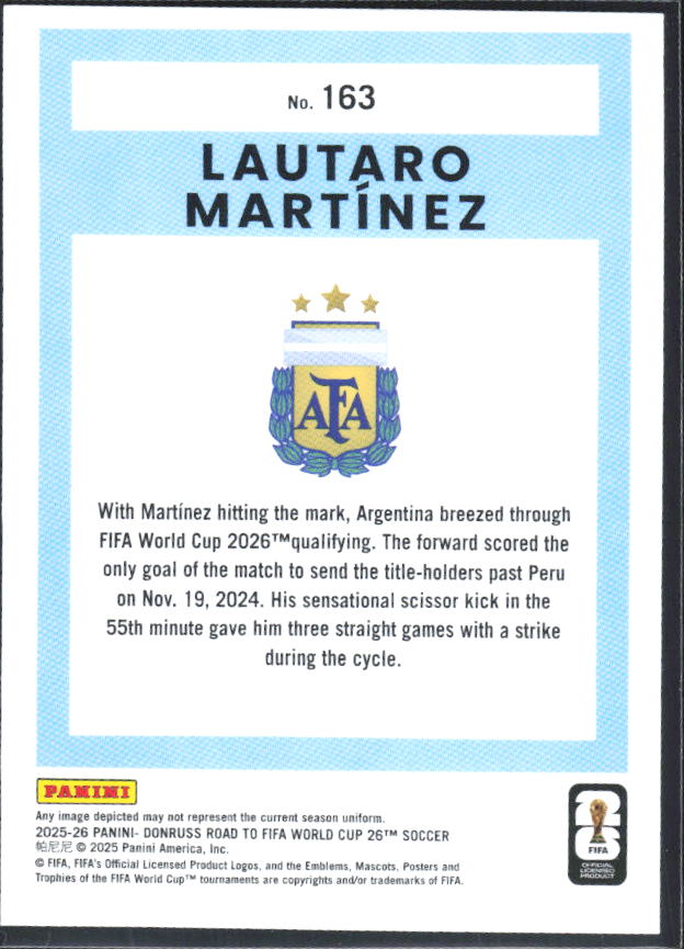 2025-26 Donruss Road to FIFA World Cup #163 Lautaro Martinez – baksida