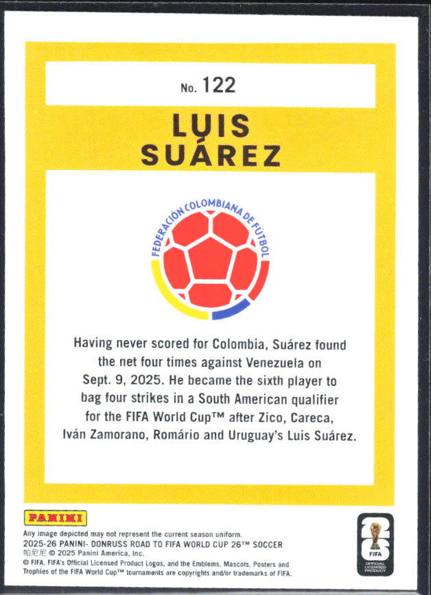 2025-26 Donruss Road to FIFA World Cup #122 Luis Suarez – baksida