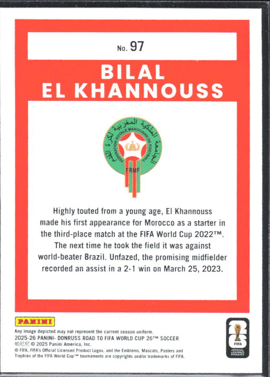 2025-26 Donruss Road to FIFA World Cup #97 Bilal El Khannouss – baksida