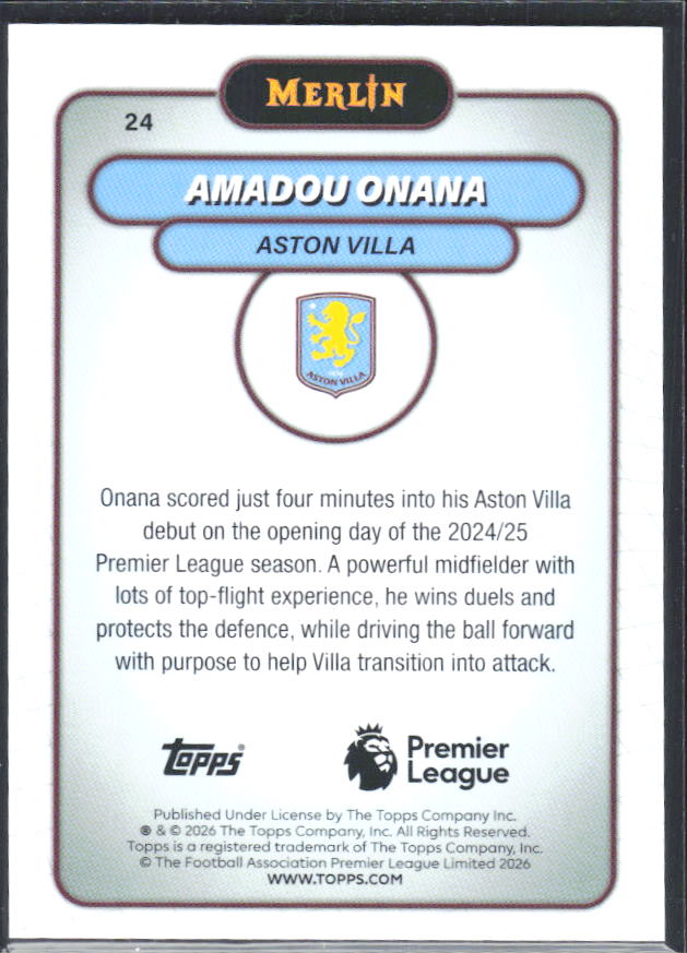 2026 Topps Merlin Premier League #24 Amadou Onana – baksida