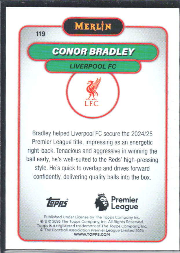 2026 Topps Merlin Premier League #119 Conor Bradley – baksida