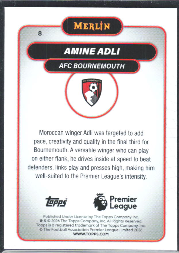 2026 Topps Merlin Premier League #8 Amine Adli – baksida