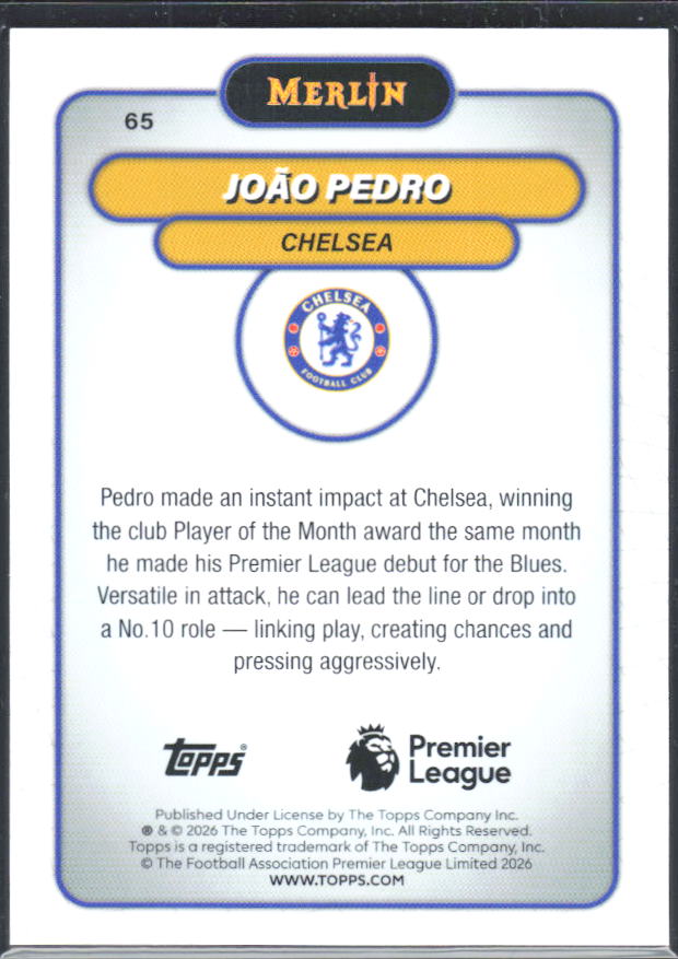 2026 Topps Merlin Premier League #65 João Pedro – baksida