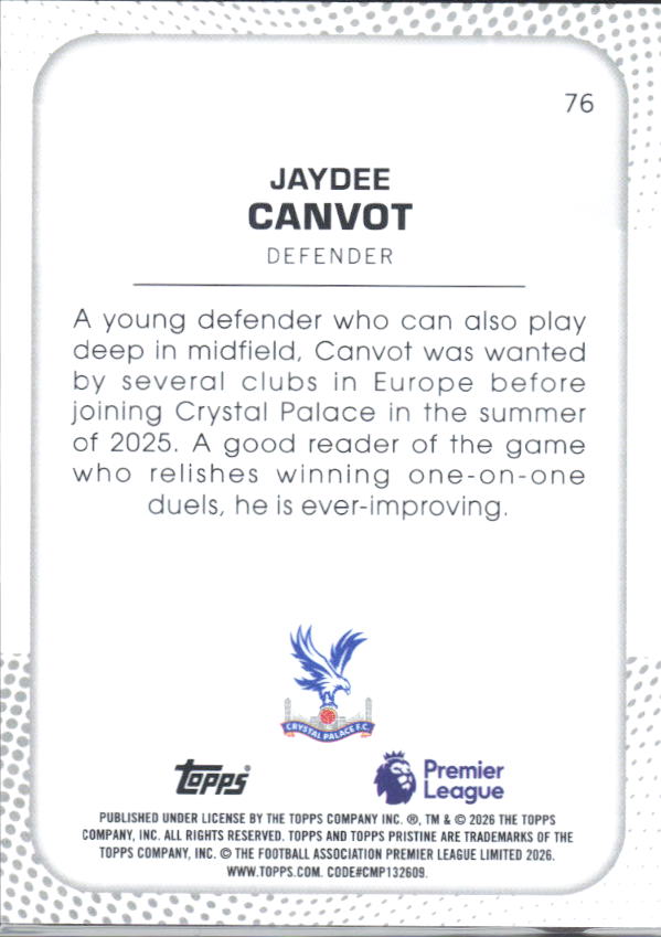2025-26 Topps Pristine Premier League #76 Jaydee Canvot – baksida