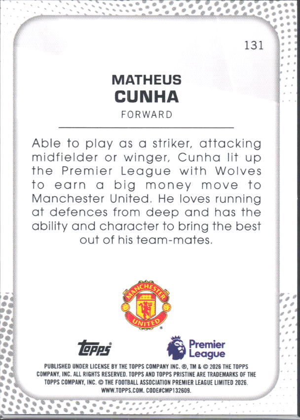 2025-26 Topps Pristine Premier League #131 Matheus Cunha – baksida