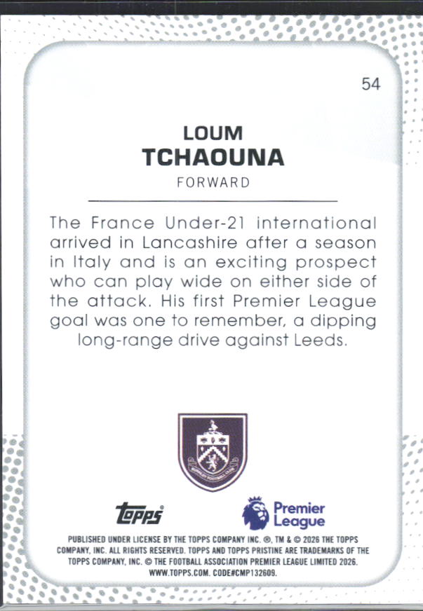 2025-26 Topps Pristine Premier League #54 Loum Tchaouna – baksida