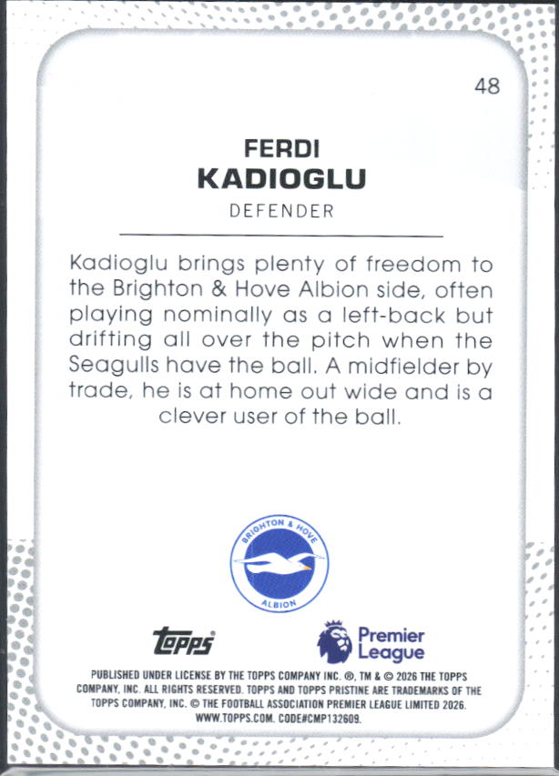 2025-26 Topps Pristine Premier League #48 Ferdi Kadioglu – baksida