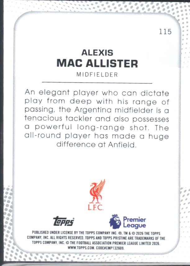 2025-26 Topps Pristine Premier League #115 Alexis Mac Allister – baksida