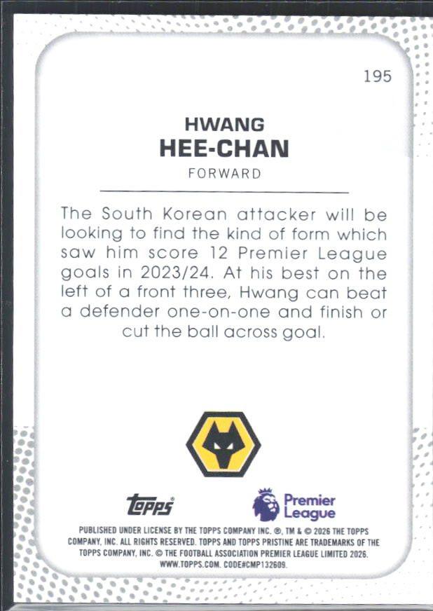 2025-26 Topps Pristine Premier League #195 Hwang Hee-chan – baksida