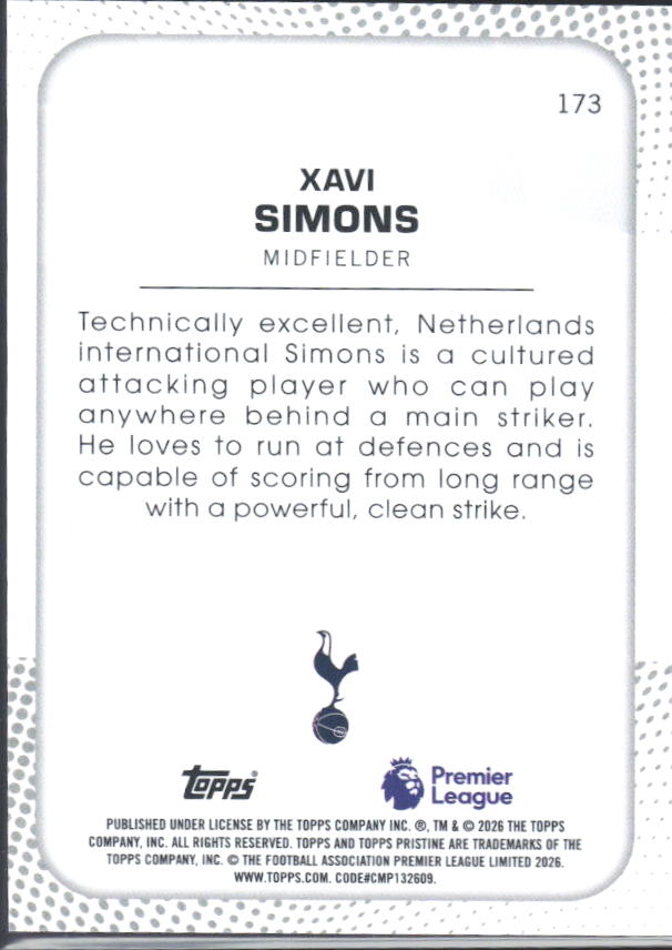 2025-26 Topps Pristine Premier League #173 Xavi Simons – baksida