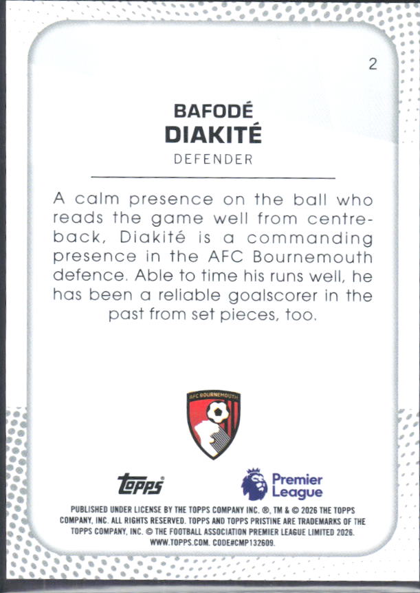 2025-26 Topps Pristine Premier League #2 Bafodé Diakité – baksida