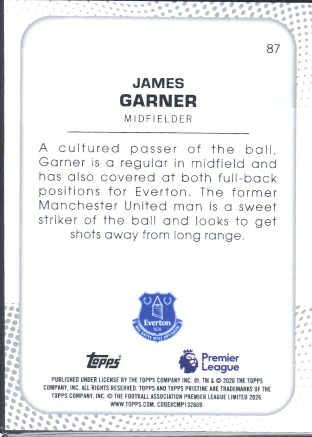 2025-26 Topps Pristine Premier League #87 James Garner – baksida