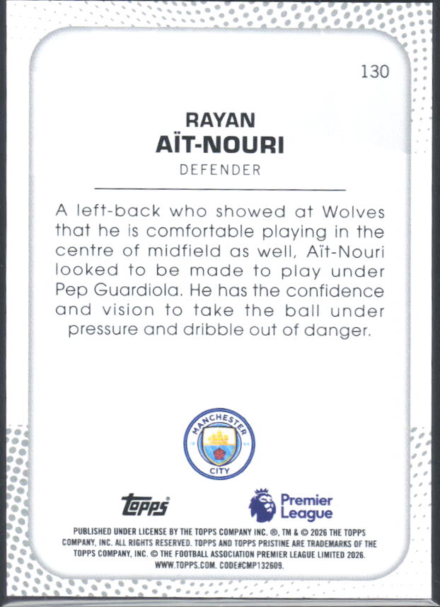 2025-26 Topps Pristine Premier League #130 Rayan Aït-Nouri – baksida