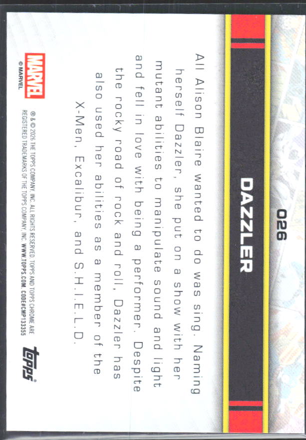 2026 Topps Chrome Marvel Comics #26 Dazzler – baksida