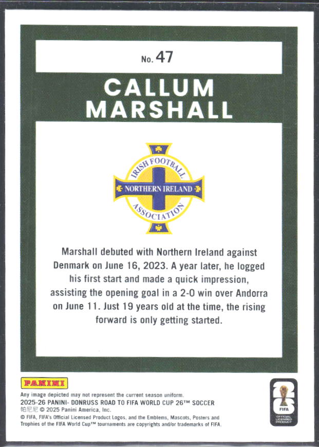 2025-26 Donruss Road to FIFA World Cup #47 Callum Marshall – baksida