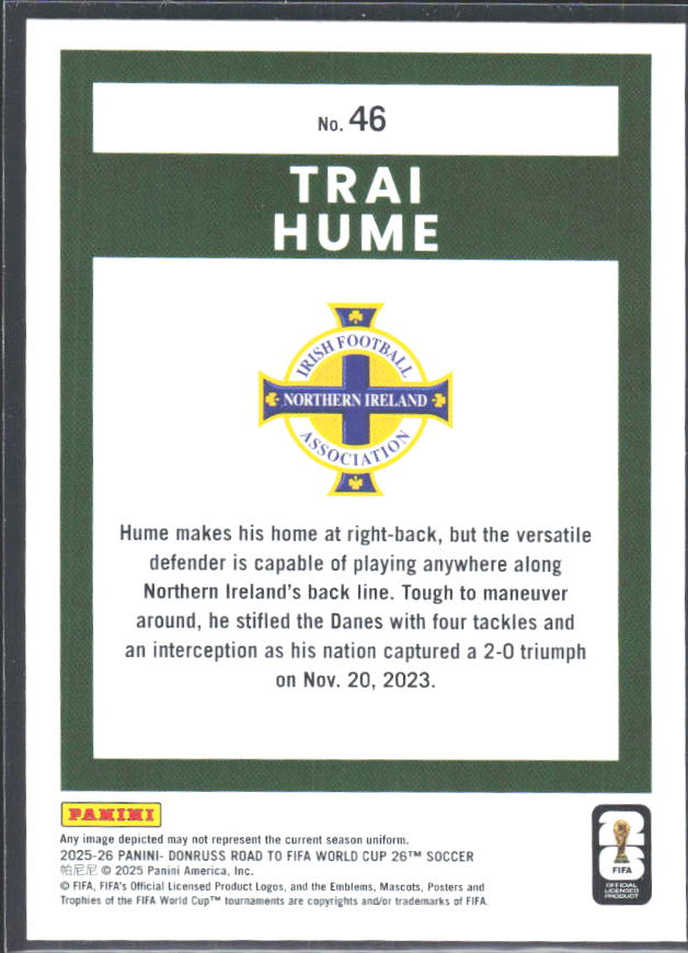 2025-26 Donruss Road to FIFA World Cup #46 Trai Hume – baksida