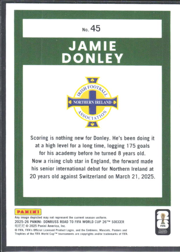 2025-26 Donruss Road to FIFA World Cup Optic #45 Jamie Donley – baksida