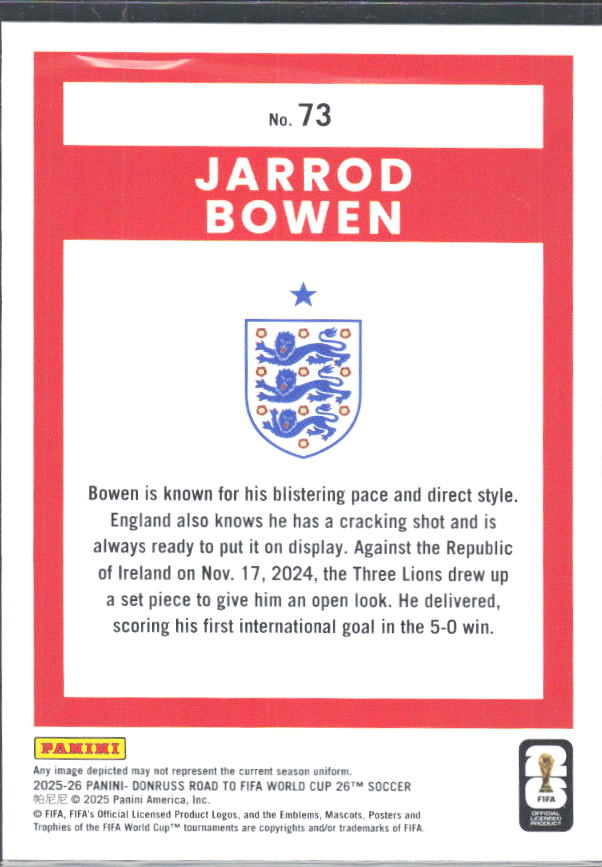 2025-26 Donruss Road to FIFA World Cup #73 Jarrod Bowen – baksida