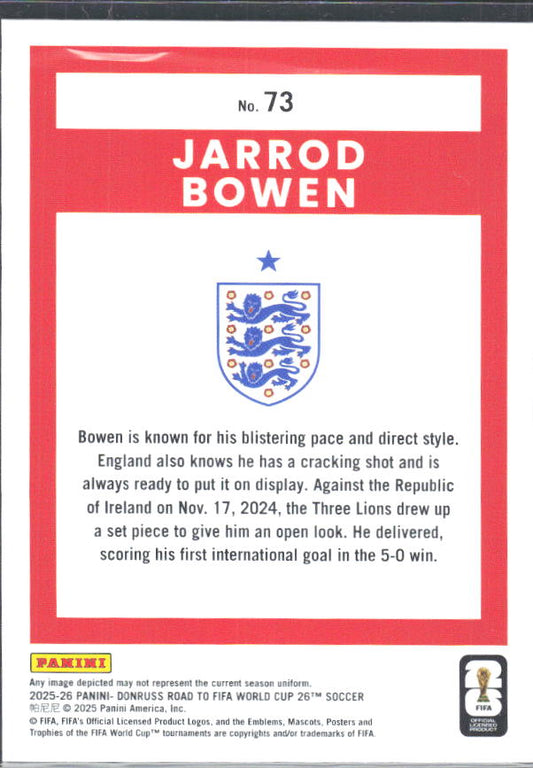 2025-26 Donruss Road to FIFA World Cup #73 Jarrod Bowen – baksida