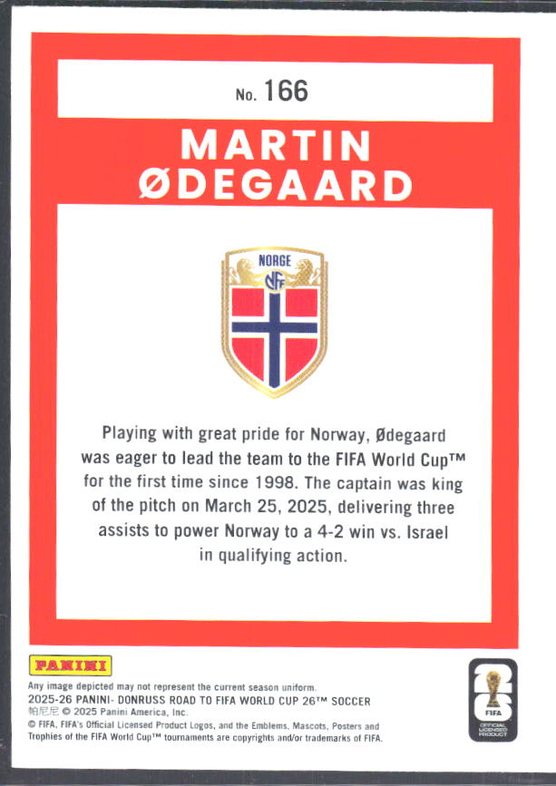 2025-26 Donruss Road to FIFA World Cup #166 Martin Odegaard – baksida