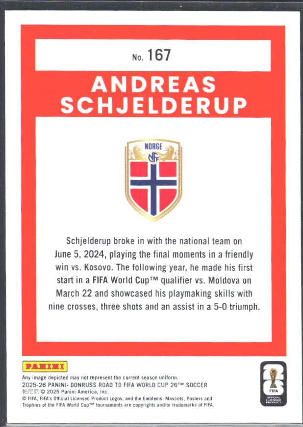 2025-26 Donruss Road to FIFA World Cup #167 Andreas Schjelderup – baksida