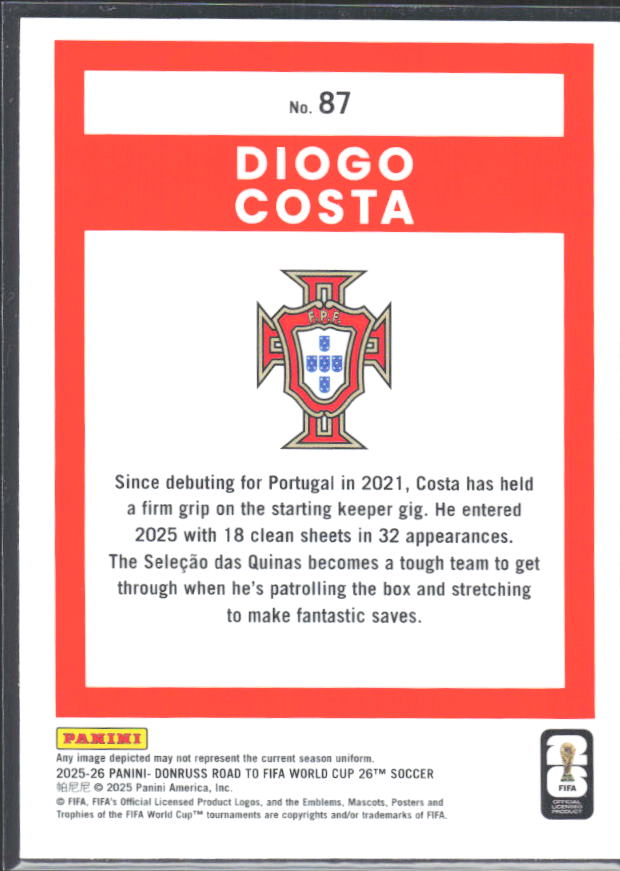 2025-26 Donruss Road to FIFA World Cup Optic #87 Diogo Costa – baksida